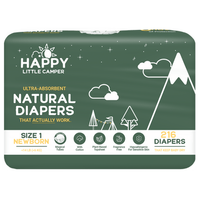 Happy Little Camper Diapers 216 Size 1 Ultra-Absorbent Natural Baby Diapers Happy Little Camper