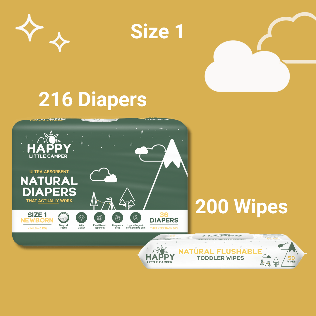 Happy Little Camper Size 1 - 216 Diapers (6 Pack) <14 lbs / Flushable Wipes - 200 Wipes (4 Packs) 84% Savings! Bundle and Save (Diapers + Wipes) Happy Little Camper