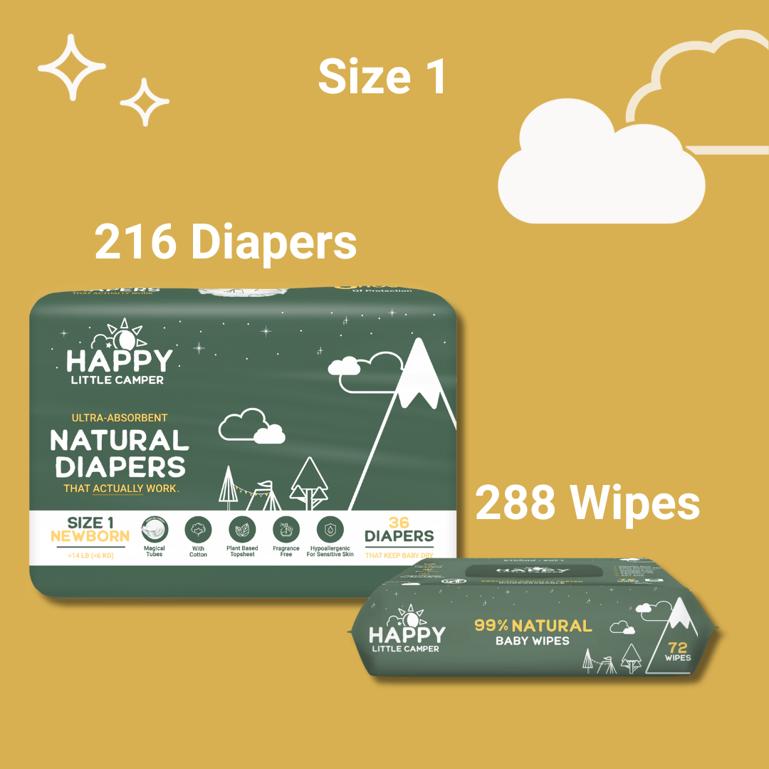 Happy Little Camper Size 1 - 216 Diapers (6 Pack) <14 lbs / Natural Wipes - 288 Wipes (4 Packs) 84% Savings! Bundle and Save (Diapers + Wipes) Happy Little Camper