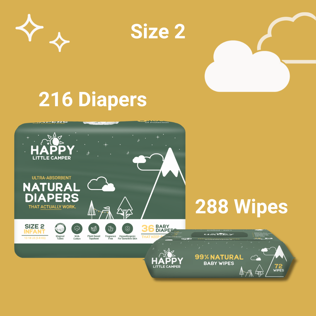 Happy Little Camper Size 2 -216 Diapers (6 Pack) 12-18 lbs / Natural Wipes - 288 Wipes (4 Packs) 84% Savings! Bundle and Save (Diapers + Wipes) Happy Little Camper