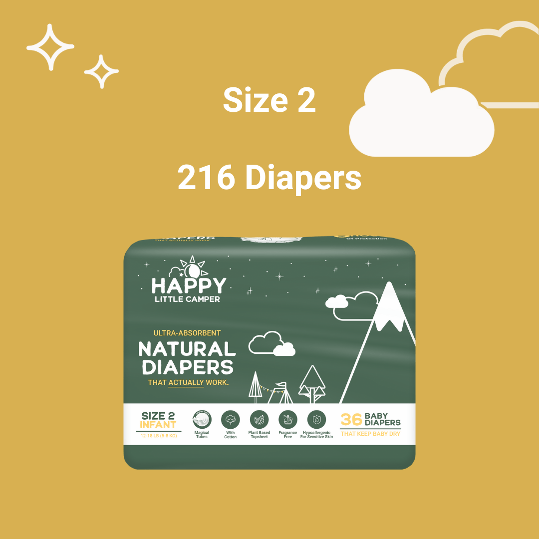 Happy Little Camper Size 2 -216 Diapers (6 Pack) 12-18 lbs / No Wipes Bundle and Save (Diapers + Wipes) Happy Little Camper