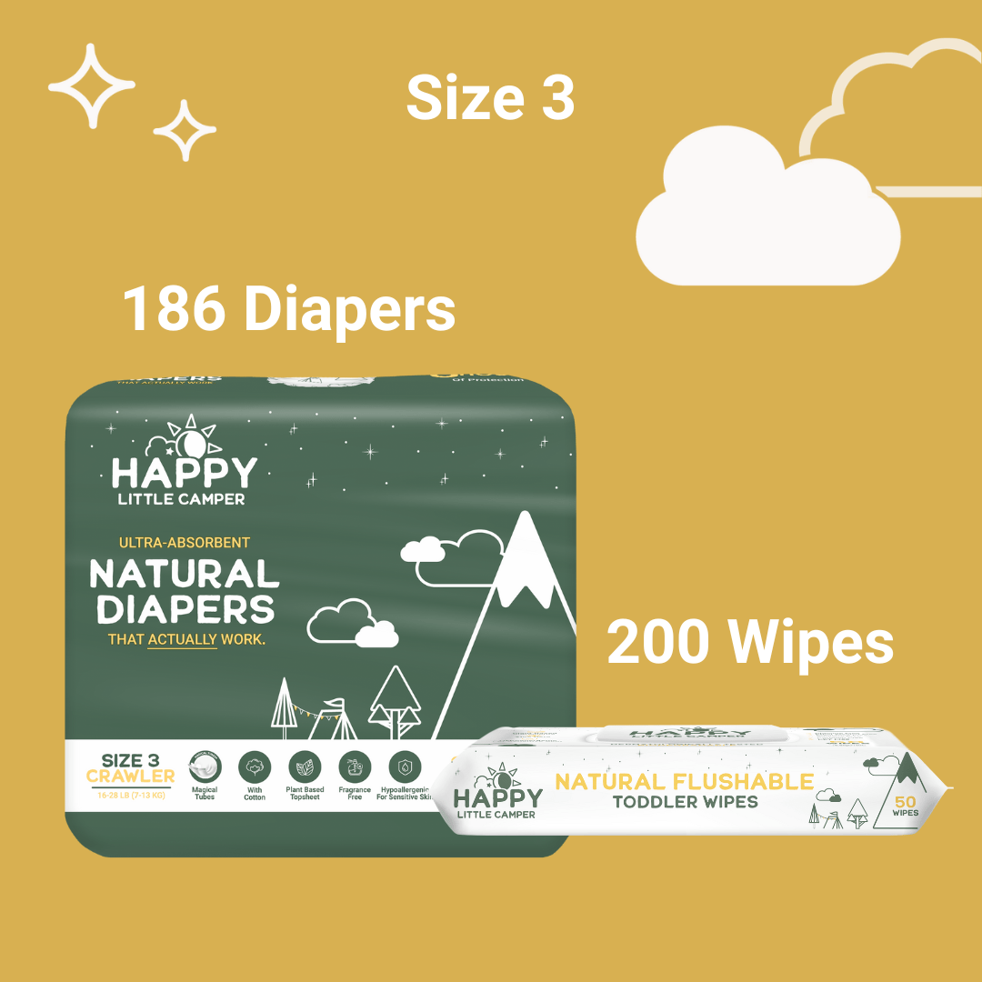 Happy Little Camper Size 3 - 186 Diapers (6 Pack) 16-28 lbs / Flushable Wipes - 200 Wipes (4 Packs) 84% Savings! Bundle and Save (Diapers + Wipes) Happy Little Camper