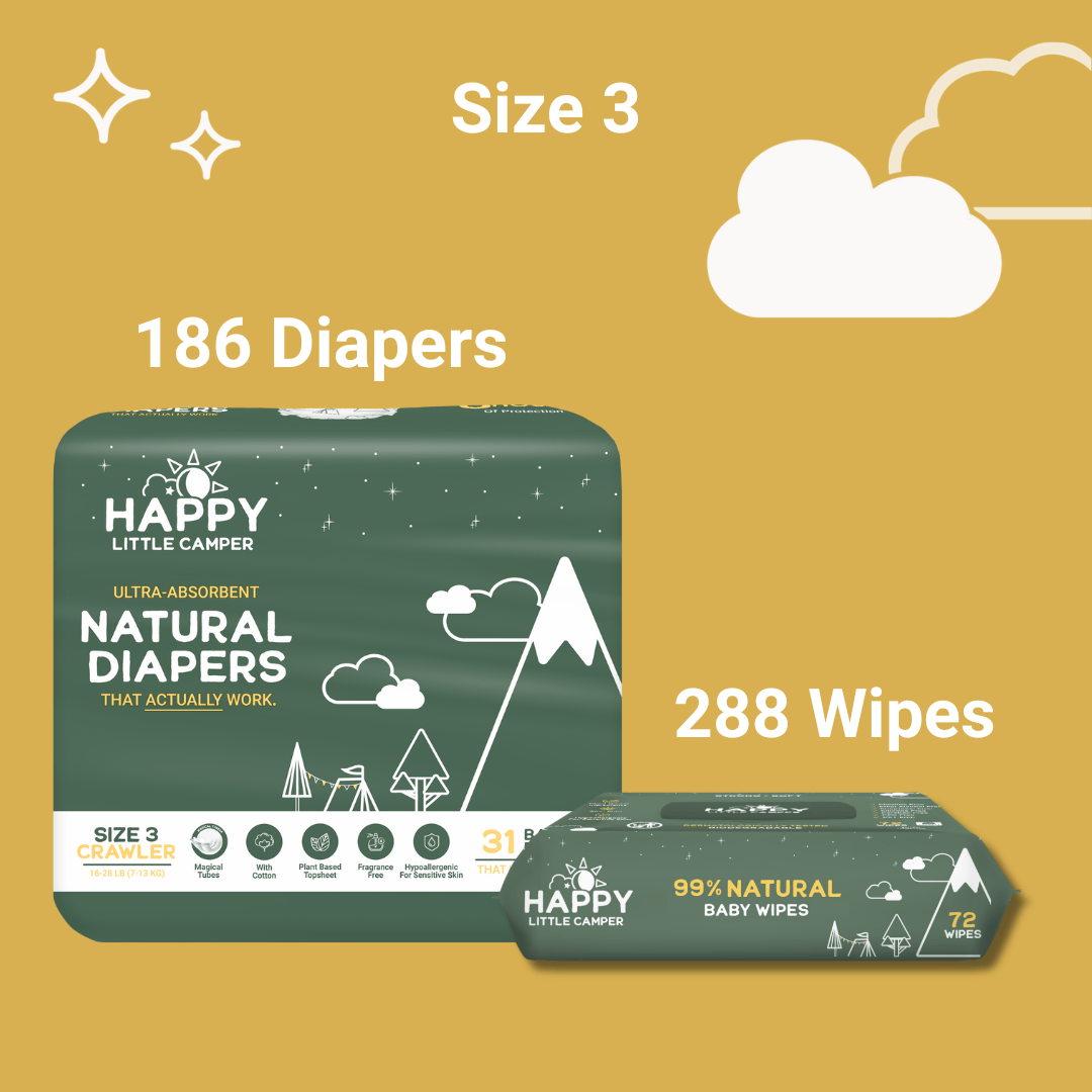 Happy Little Camper Size 3 - 186 Diapers (6 Pack) 16-28 lbs / Natural Wipes - 288 Wipes (4 Packs) 84% Savings! Bundle and Save (Diapers + Wipes) Happy Little Camper