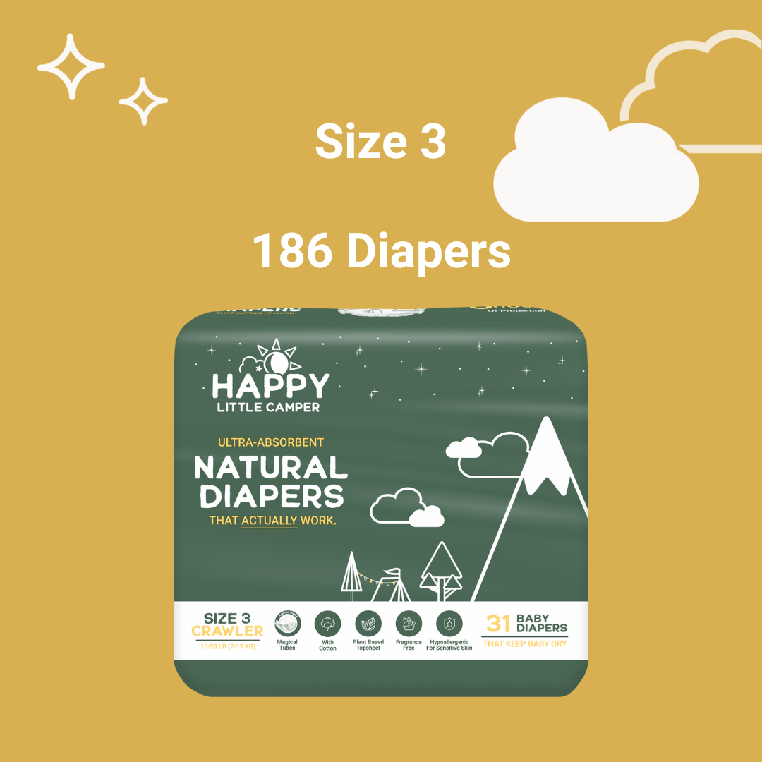 Happy Little Camper Size 3 - 186 Diapers (6 Pack) 16-28 lbs / No Wipes Bundle and Save (Diapers + Wipes) Happy Little Camper