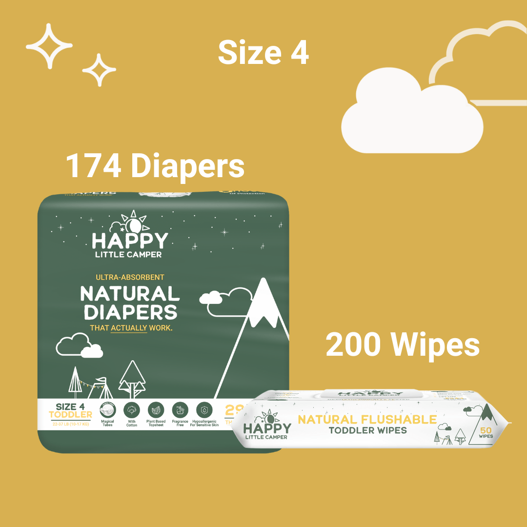Happy Little Camper Size 4 - 174 Diapers (6 Pack) 22-37 lbs / Flushable Wipes - 200 Wipes (4 Packs) 84% Savings! Bundle and Save (Diapers + Wipes) Happy Little Camper