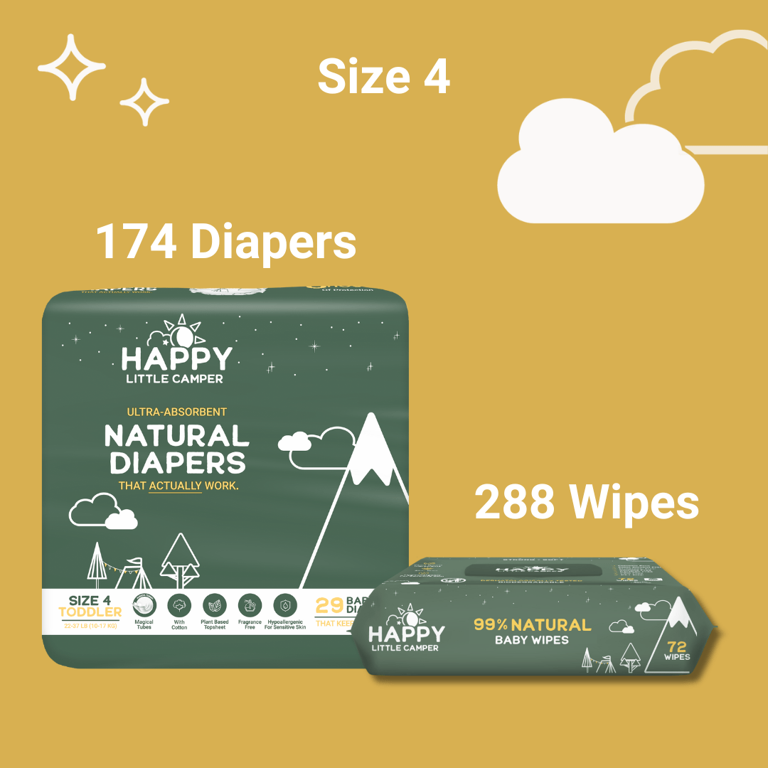 Happy Little Camper Size 4 - 174 Diapers (6 Pack) 22-37 lbs / Natural Wipes - 288 Wipes (4 Packs) 84% Savings! Bundle and Save (Diapers + Wipes) Happy Little Camper