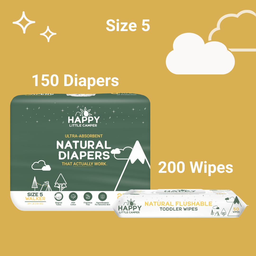Happy Little Camper Size 5 - 150 Diapers (6 Pack) 27 lbs / Flushable Wipes - 200 Wipes (4 Packs) 84% Savings! Bundle and Save (Diapers + Wipes) Happy Little Camper