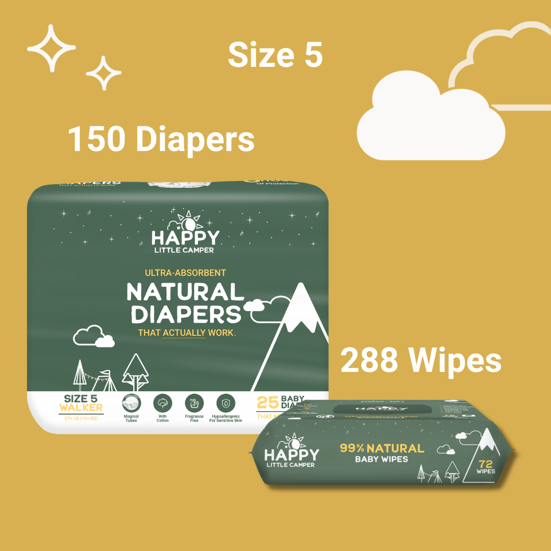 Happy Little Camper Size 5 - 150 Diapers (6 Pack) 27 lbs / Natural Wipes - 288 Wipes (4 Packs) 84% Savings! Bundle and Save (Diapers + Wipes) Happy Little Camper