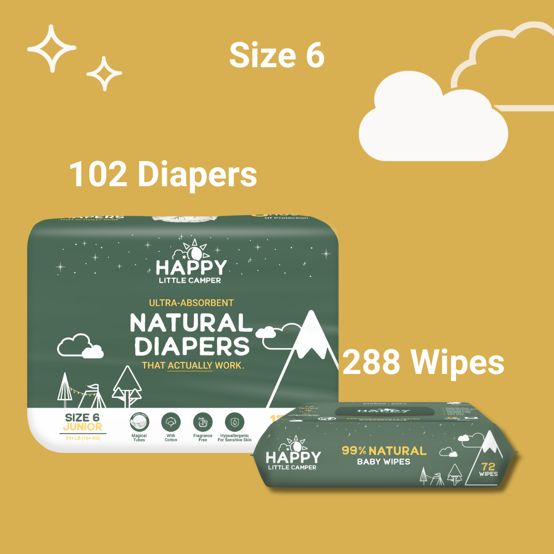 Happy Little Camper Size 6- 102 Diapers ( 6 Pack) < 27 lbs / Natural Wipes - 200 Wipes (4 Packs) 84% Savings! Bundle and Save (Diapers + Wipes) Happy Little Camper