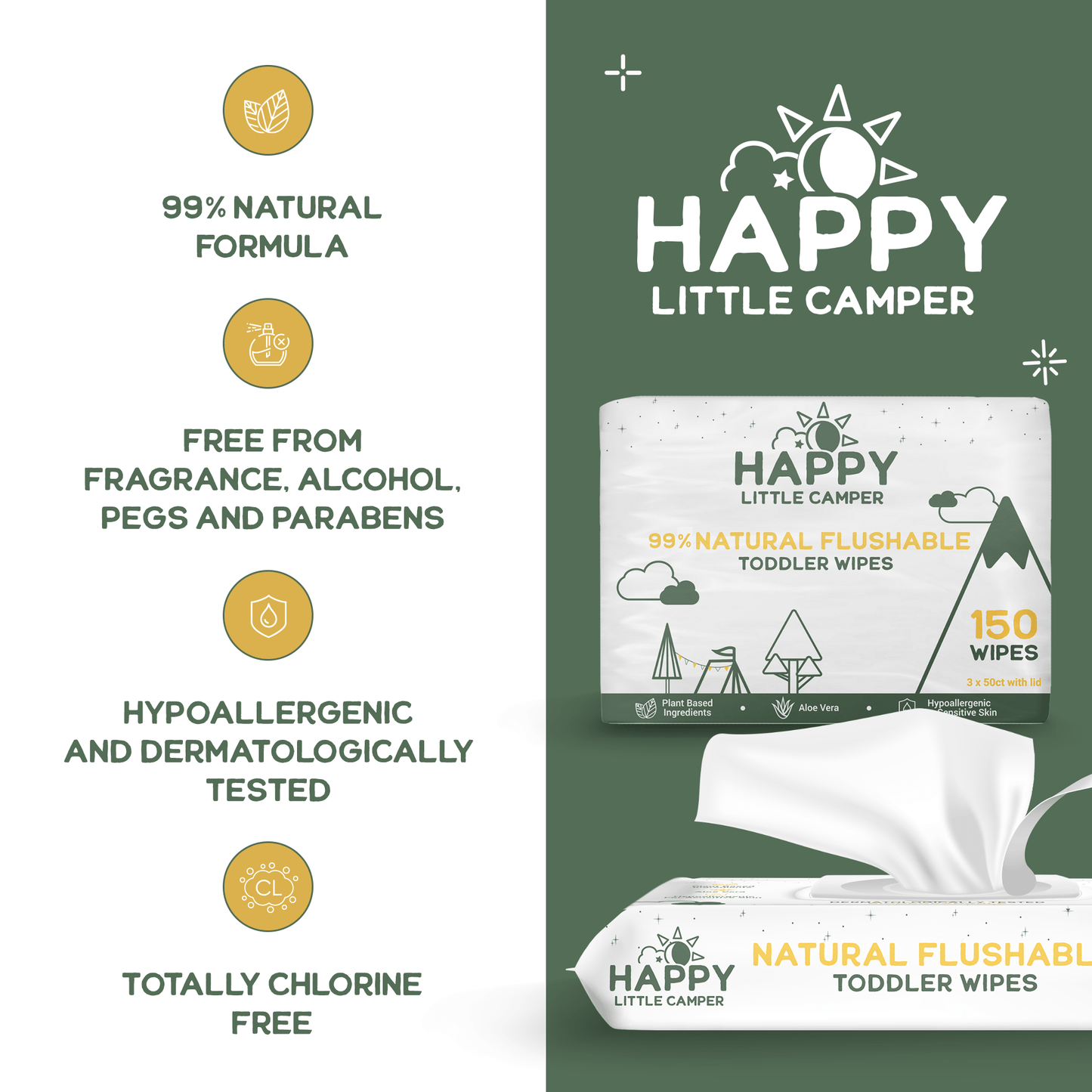 Happy Little Camper Wipes Flushable Natural Baby Wipes with Aloe Vera - Septic Safe Happy Little Camper