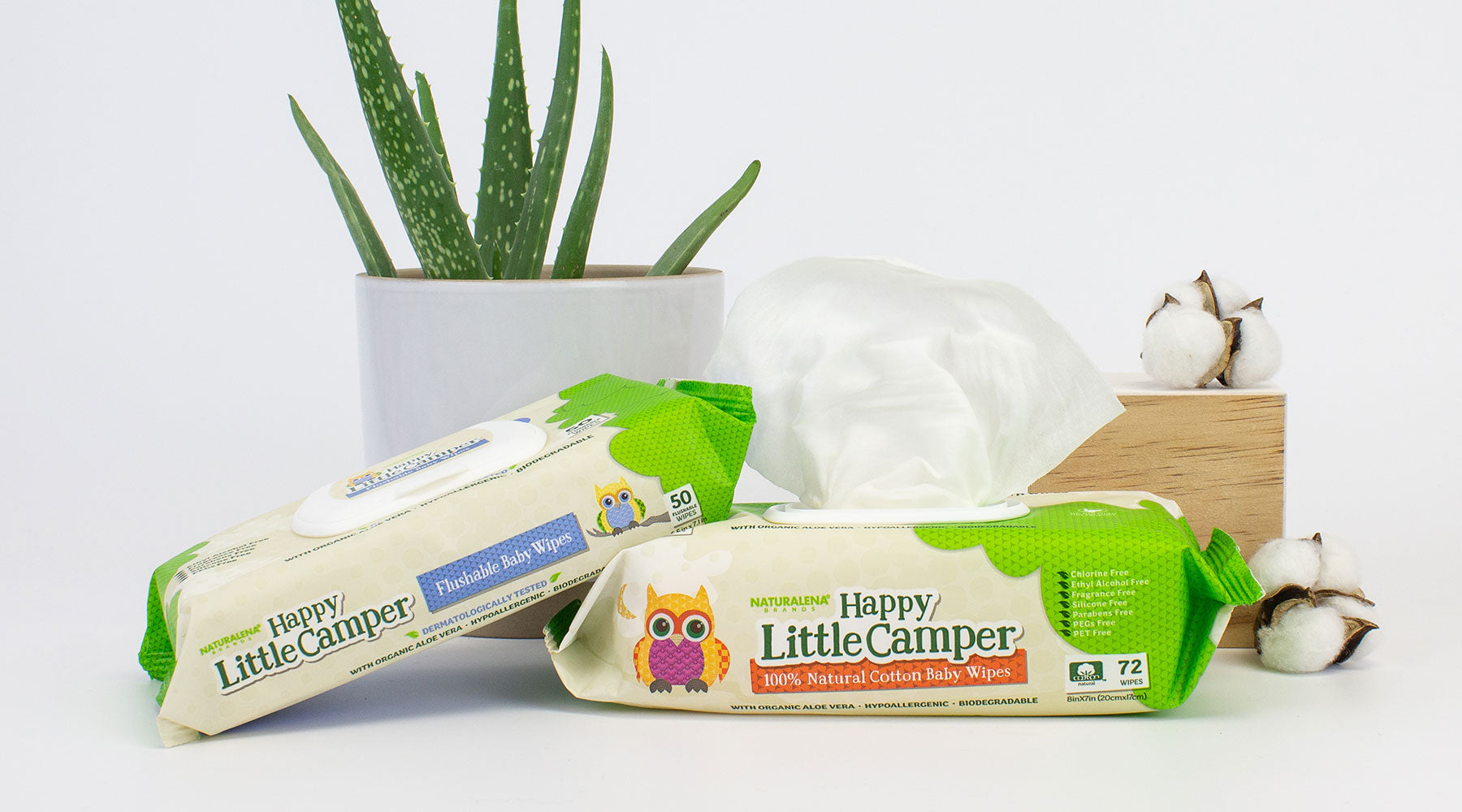 Happy Little Camper baby wipes with Aloe Vera Plant and Cotton Buds