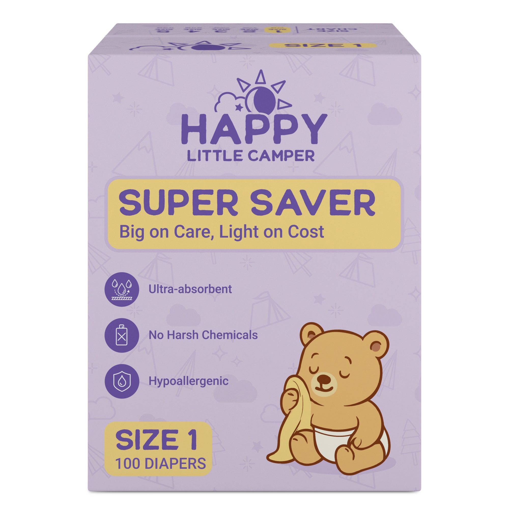 Happy Little Camper Premium Baby Diapers, Size 1, Newborn, < 11 lbs