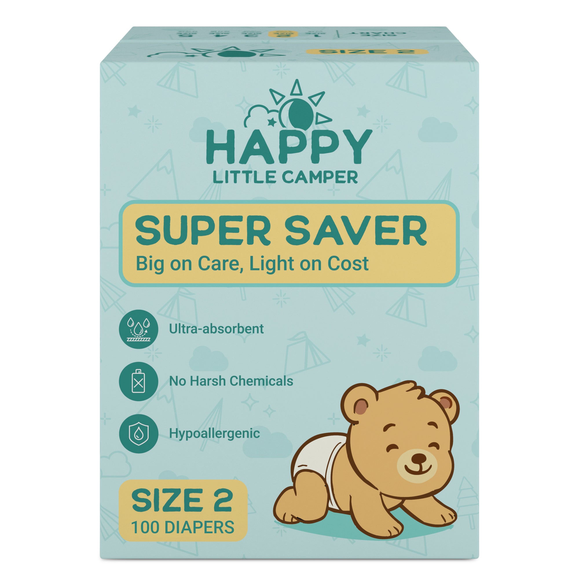 Happy Little Camper Premium Baby Diapers, Size 2, Infant, 8-15 lbs