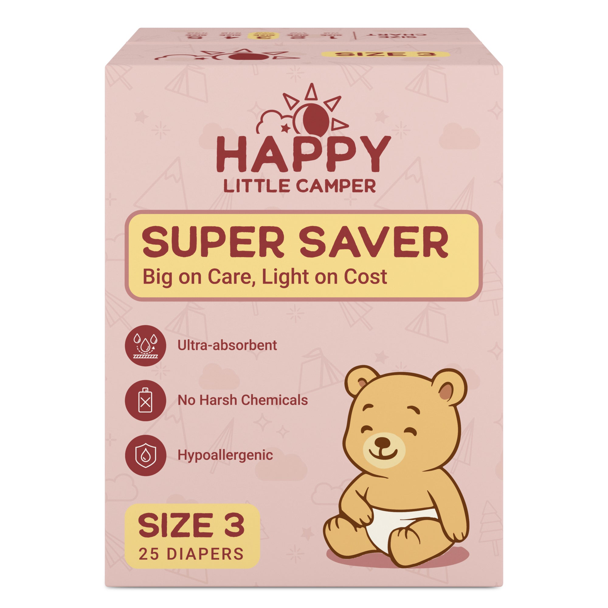 Happy Little Camper Premium Baby Diapers, Size 3, Crawler, 15-22 lbs
