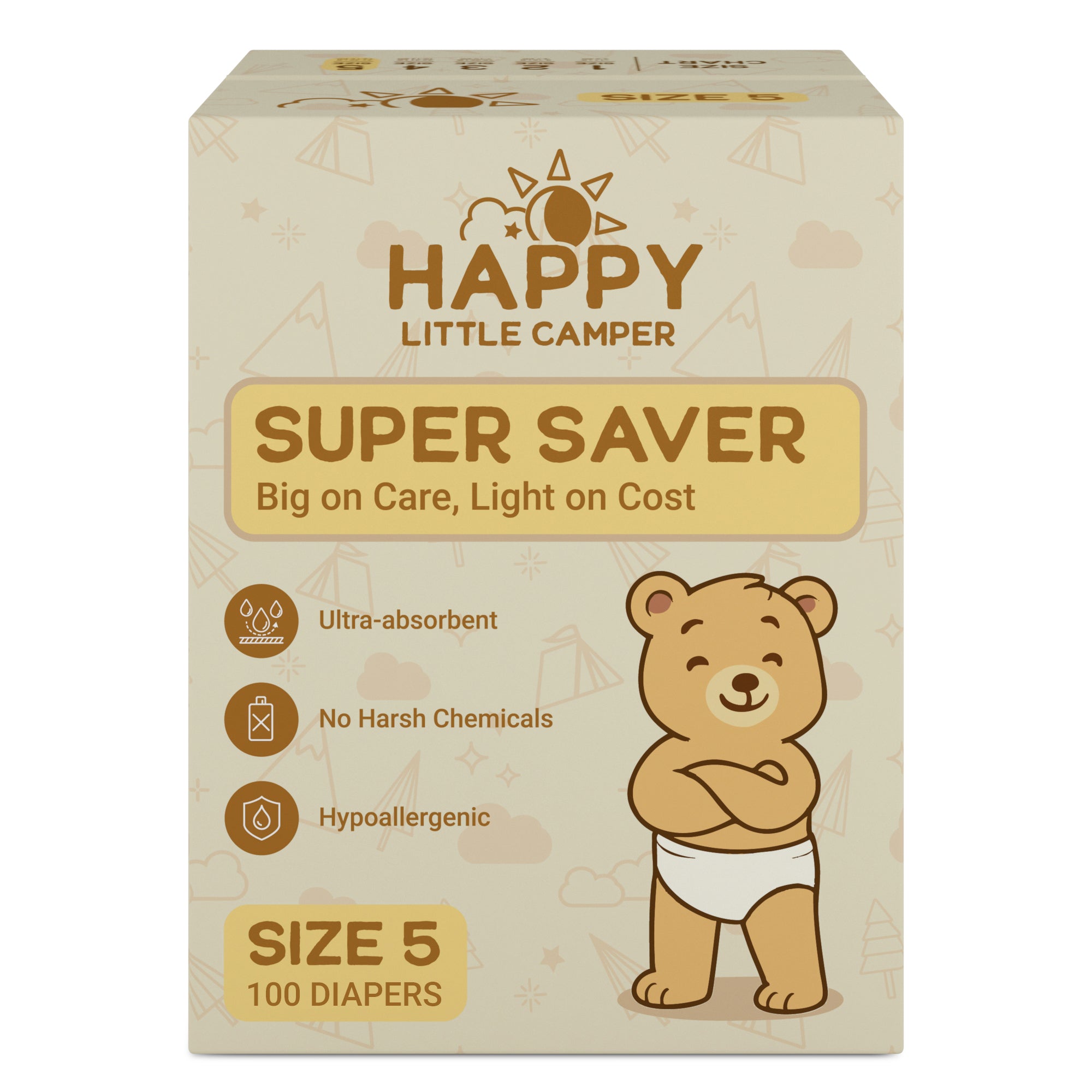 Happy Little Camper Premium Baby Diapers, Size 5, Walker 31-35 lbs