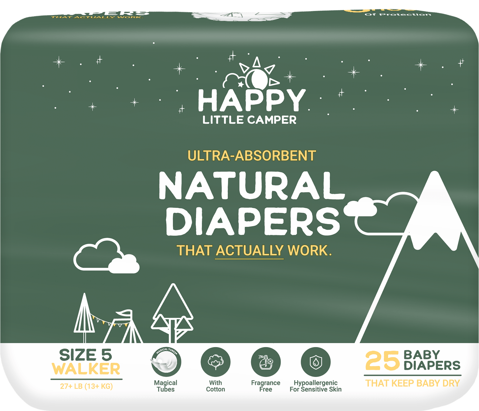 Happy Little Camper Diapers 25 Size 5 Ultra-Absorbent Natural Baby Diapers Happy Little Camper