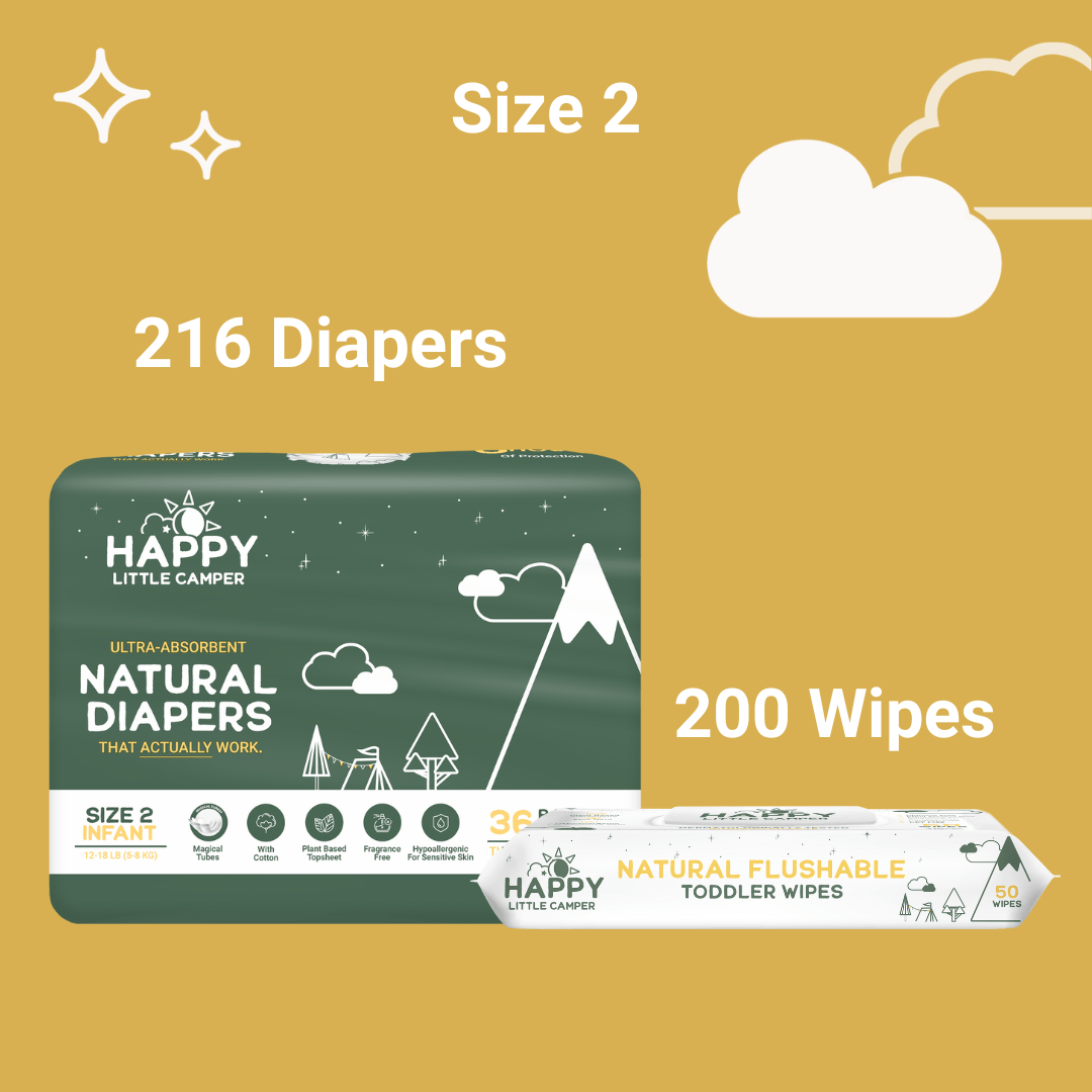 Happy Little Camper Size 2 -216 Diapers (6 Pack) 12-18 lbs / Flushable Wipes - 200 Wipes (4 Packs) 84% Savings! Bundle and Save (Diapers + Wipes) Happy Little Camper