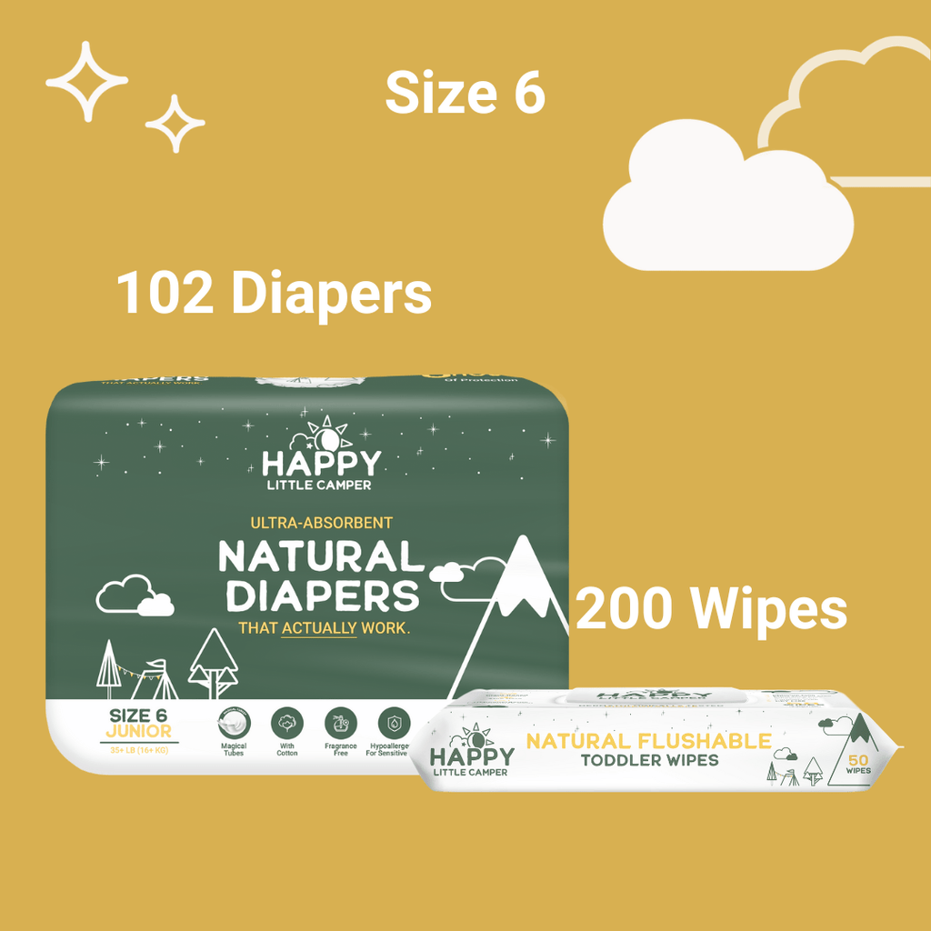 Happy Little Camper Size 6-  102 Diapers ( 6 Pack) <27 lbs / Flushable Wipes - 200 Wipes (4 Packs) 84% Savings! Bundle and Save (Diapers + Wipes) Happy Little Camper